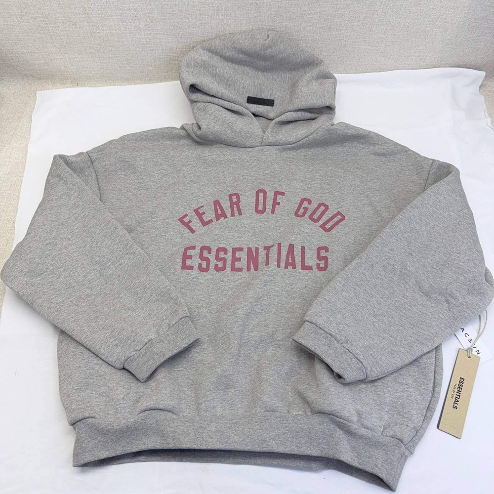 Fear of God Essentials Hoodie Heather Grey Burgundy Logo XS New With Tags